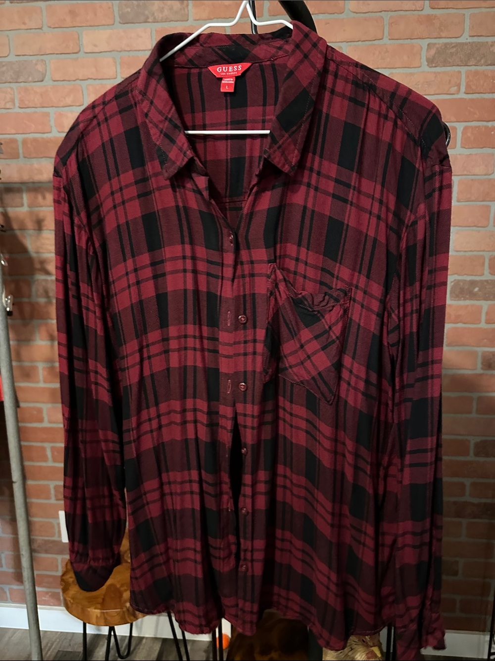 GUESS Men's Burgundy & Black Plaid Button-Down Shirt